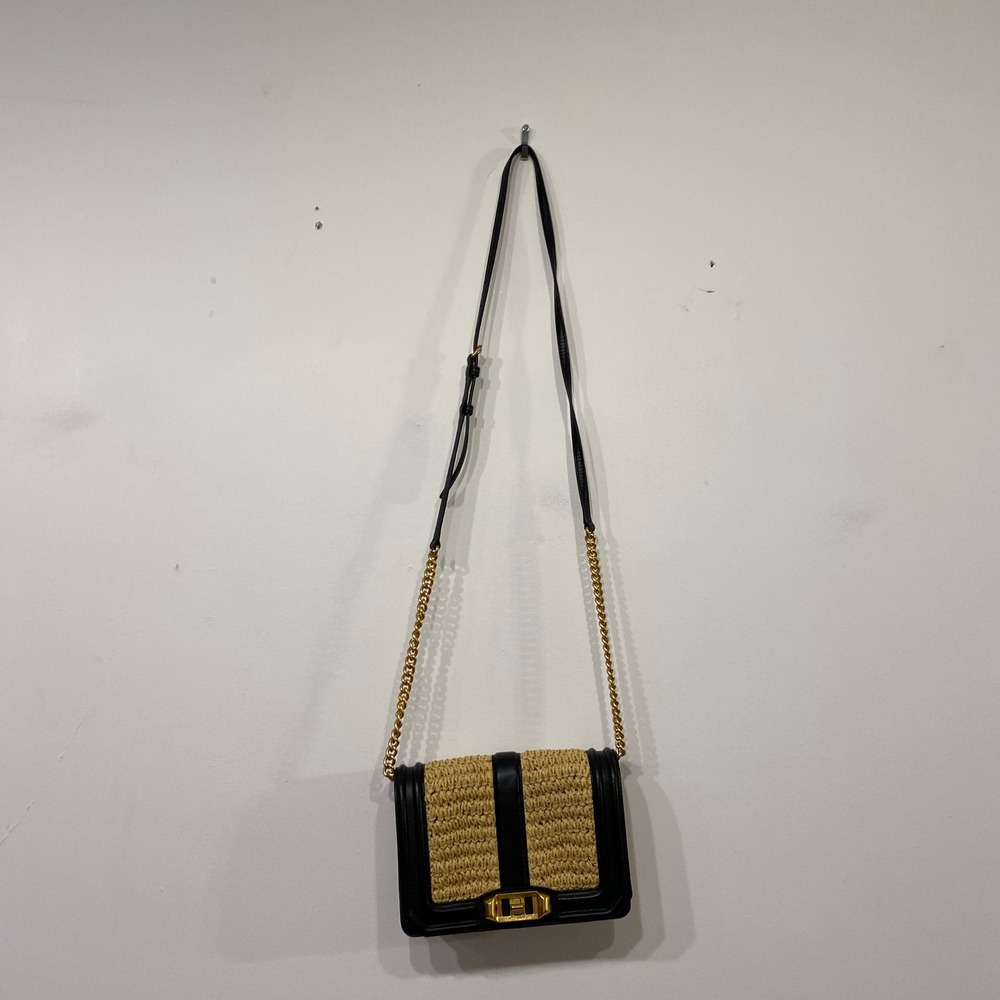 Rebecca Minkoff Small Love Crossbody Bag Black Leather Straw Woven Gold Hardware